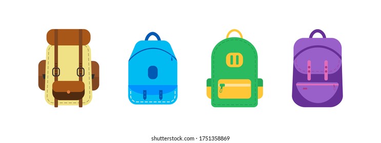 Set of school backpacks in different colors. Collection bags and backpacks, handbags and rucksacks vector flat icons. School and student bags with pockets, zippers and straps. Vector illustration.