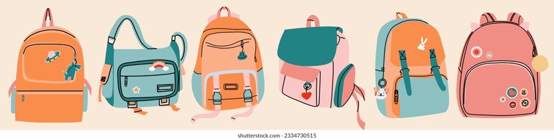 A set of school backpacks. Different cute children bags. Colorful backpacks for kids and students.