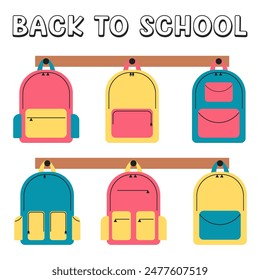 Un juego de mochilas escolares. Ilustración vectorial plana. El concepto de regreso a la escuela, educación, día libre escolar, primer grado