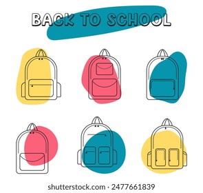 Un juego de mochilas escolares. Ilustración vectorial plana. El concepto de regreso a la escuela, educación, día libre escolar, primer grado. Ilustración de dibujo lineal