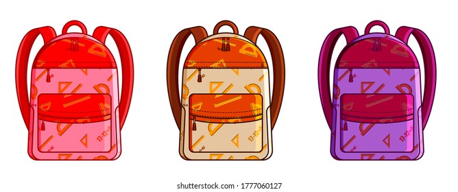 set of school backpacks for girls with ornament from school supplies. Front view. September 1, beginning of study. Vector student accessories on a white background