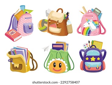 Juego de mochilas escolares. Bolsas para niños con material escolar, libros, lápices y calculadora. Accesorio para niña y niño. Educación y estudio. Ilustraciones de caricaturas de vectores planos aisladas en fondo blanco