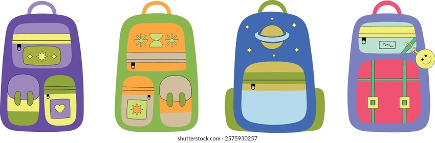  Set of school backpacks. Modern flat style. Isolated vector illustration.