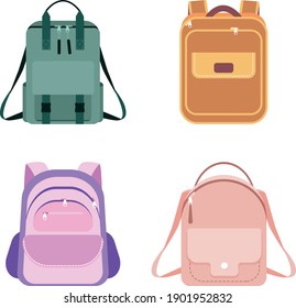 Set of school backpacks in monochrome colors, flat vector illustration isolated on white background.