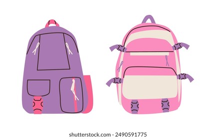 Set of school backpacks schoolbag . Children briefcases for carrying school supplies. Vector illustration flat doodle cartoon illustration for girl and boy . Back to school