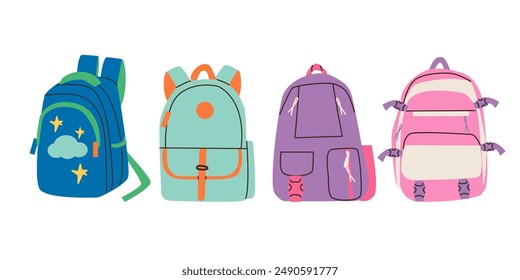 Conjunto de mochilas escolares mochila . Maletines infantiles para llevar material escolar. Ilustración de dibujos animados de garabato plano de Ilustración vectorial para niña y niño . Vuelta a la escuela