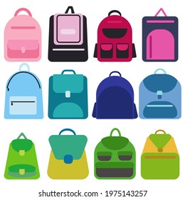 Set of school backpacks in various designs and color variations in flat style vector illustration