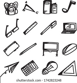 Un conjunto de escuelas, bolsos, cepillos, calculadores, aula, clip, universidad, cuaderno de copyon, crayon, borrador, plumas de fieltro, iconos de volante adecuados para cualquier contenido educativo con estilo de doodle