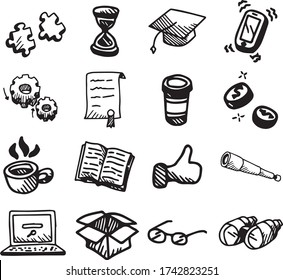 A Set of school, bag, brush, calculator, classroom, clip, college, copybook, crayon, eraser, felt pens, flyer icons suitable for any education content with doodle style
