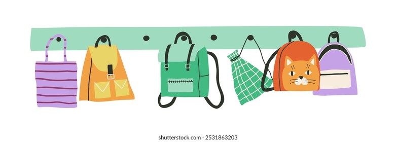 Set with school bags in flat style. Hand drawn vector illustration.