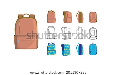 Set of School Bags with Four Sides. School bags with front, back, side view. Set of School Bags in outlines
