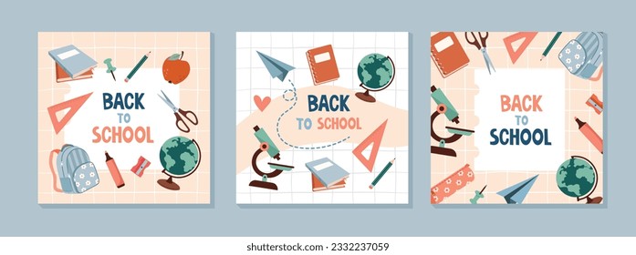 A set of school banner templates on a blue background. School supplies