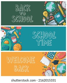 Banderas escolares decoradas con doodles y citas. De vuelta al tema escolar. Ideal para marcadores, carteles, impresiones, folletos, tarjetas, plantillas, etc. EPS 10