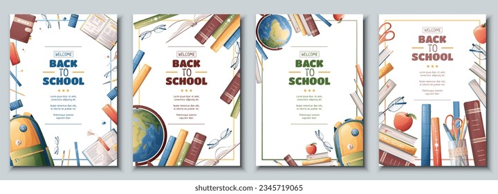 Set of school banners, flyers with backpack, globe, books. Back to school, teacher's day, love of knowledge. Background, poster with school supplies.