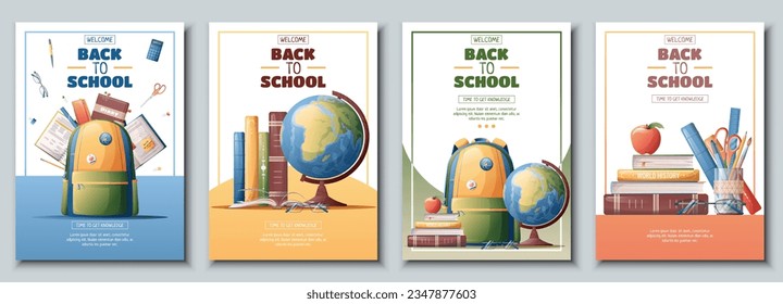 Set of school banners, flyers with backpack, globe, books. Back to school, teacher's day, love of knowledge. Background, poster with school supplies.