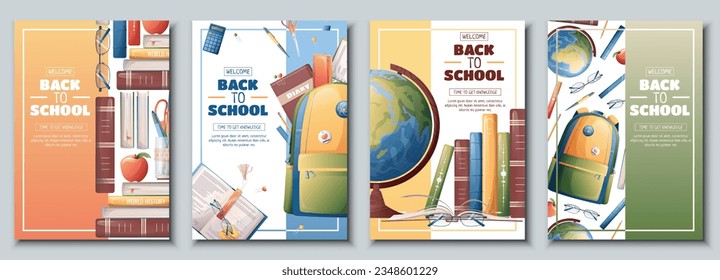 Set of school banners, flyers with backpack, globe, books. Back to school, teacher's day, love of knowledge. Background, poster with school supplies.