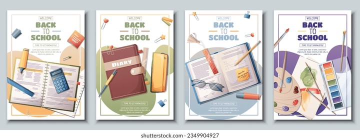 Set of school banners, flyers with textbooks, books, pencils, pens. Back to school, teacher's day, love of knowledge. Background, poster with school supplies, stationery.