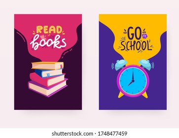 Set of school banners with objects and text. Vector backgrounds design for greeting and advertising products.