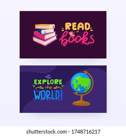 Set of school banners with objects and text. Vector backgrounds design for greeting and advertising products.