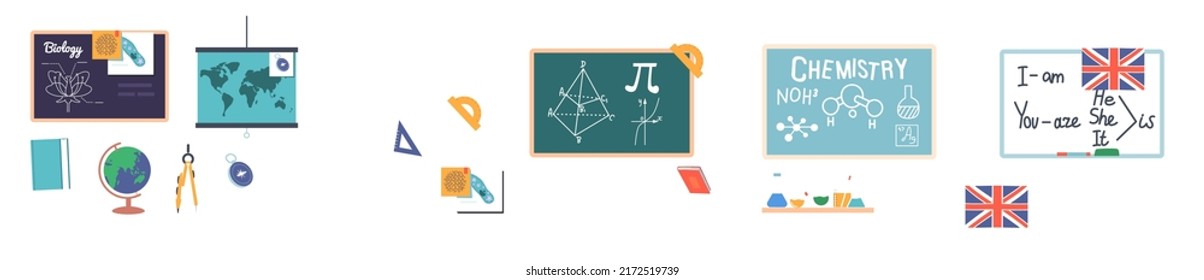 Set of School Blackboards and Educational Equipment Isolated on White Background. Chalkboards with Inscriptions, Protractor, Textbook, Compass and Globe Teachers Tools. Cartoon Vector Illustration