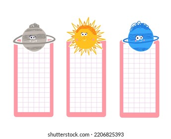 Set of school bookmarks with cartoon planets