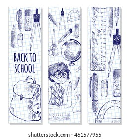 Set of school bookmarks. Vector illustration. Student, school objects globe, backpack, pen, pencil, eraser, bulb, notebook, scissors, protractor, glue, dividers, ruler. Sketch style. Black and white.