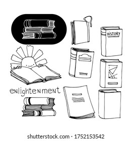 set of school books, notebook & diary, symbol of knowledge & education, vector illustration isolated on a white background with black ink contour lines in a doodle & hand drawn style