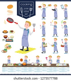 A set of school boy about cooking.There are actions that are cooking in various ways in the kitchen.It's vector art so it's easy to edit.