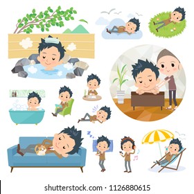 A set of School boy about relaxing.There are actions such as vacation and stress relief.It's vector art so it's easy to edit.