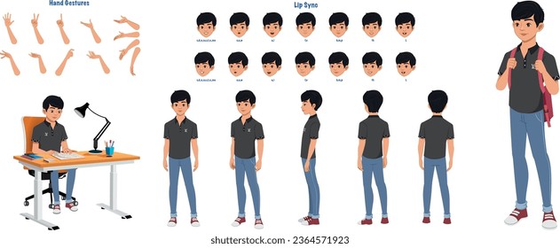 Set of school boy character design. Character Model sheet. Front, side, back view animated character. Student character creation set with various views, poses and gestures. Cartoon style, flat vector 