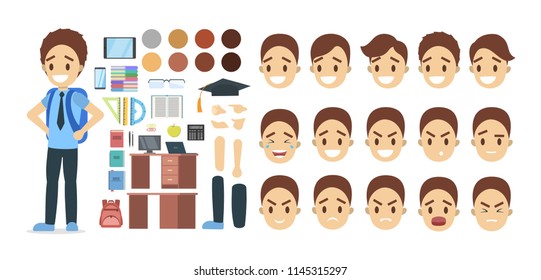 Set of school boy character in suit with various poses, face emotions and gestures. Isolated flat vector illustration