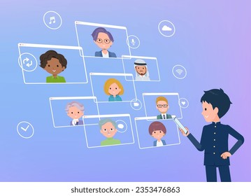A set of School boy communicating online using a smartphone.It's vector art so easy to edit.