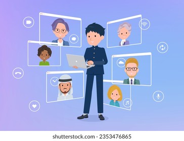 A set of School boy communicating online using a laptop.It's vector art so easy to edit.