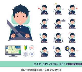 A set of School boy driving a car(driving seat).It's vector art so easy to edit.