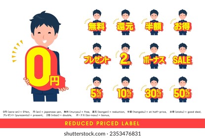 A set of School boy with a great deal POP in Japanese.It's vector art so easy to edit.