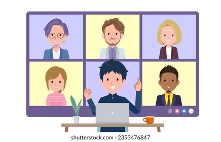 A set of School boy having an online meeting with multiple people. Front angle.It's vector art so easy to edit.