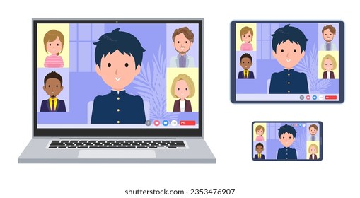 A set of School boy having an online meeting. A set of laptop, tablet and smartphone.It's vector art so easy to edit.