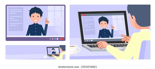 A set of School boy having a video chat. It's vector art so easy to edit.