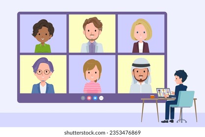 Eine Reihe von Schülern, die einen Videochat mit mehreren Leuten haben. Es ist Vektorgrafik so einfach zu bearbeiten.