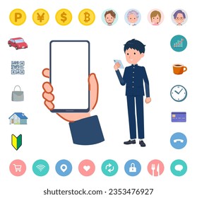 A set of School boy looking at a smartphone screen.It's vector art so easy to edit.The inside of the screen is transparent, so it is easy to fit.