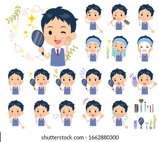 A set of school boy on beauty.There are various actions such as skin care and makeup.It's vector art so it's easy to edit.
