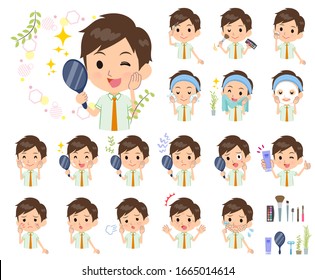 A set of school boy on beauty.There are various actions such as skin care and makeup.It's vector art so it's easy to edit.
