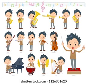 A set of School boy on classical music performances.There are actions to play various instruments such as string instruments and wind instruments.It's vector art so it's easy to edit.