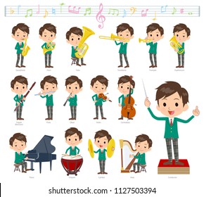 A set of School boy on classical music performances.There are actions to play various instruments such as string instruments and wind instruments.It's vector art so it's easy to edit.