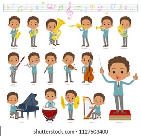 A set of School boy on classical music performances.There are actions to play various instruments such as string instruments and wind instruments.It's vector art so it's easy to edit.