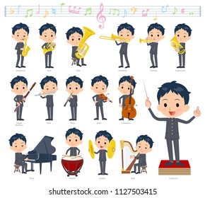 A set of School boy on classical music performances.There are actions to play various instruments such as string instruments and wind instruments.It's vector art so it's easy to edit.