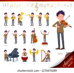 A set of school boy on classical music performances.There are actions to play various instruments such as string instruments and wind instruments.It's vector art so it's easy to edit.