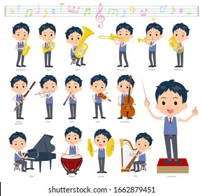 A set of school boy on classical music performances.There are actions to play various instruments such as string instruments and wind instruments.It's vector art so it's easy to edit.
