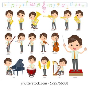 A set of school boy on classical music performances.There are actions to play various instruments such as string instruments and wind instruments.It's vector art so it's easy to edit.
