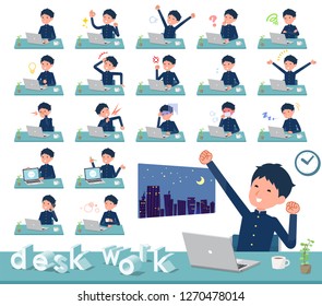 A set of school boy on desk work.There are various actions such as feelings and fatigue.It's vector art so it's easy to edit.